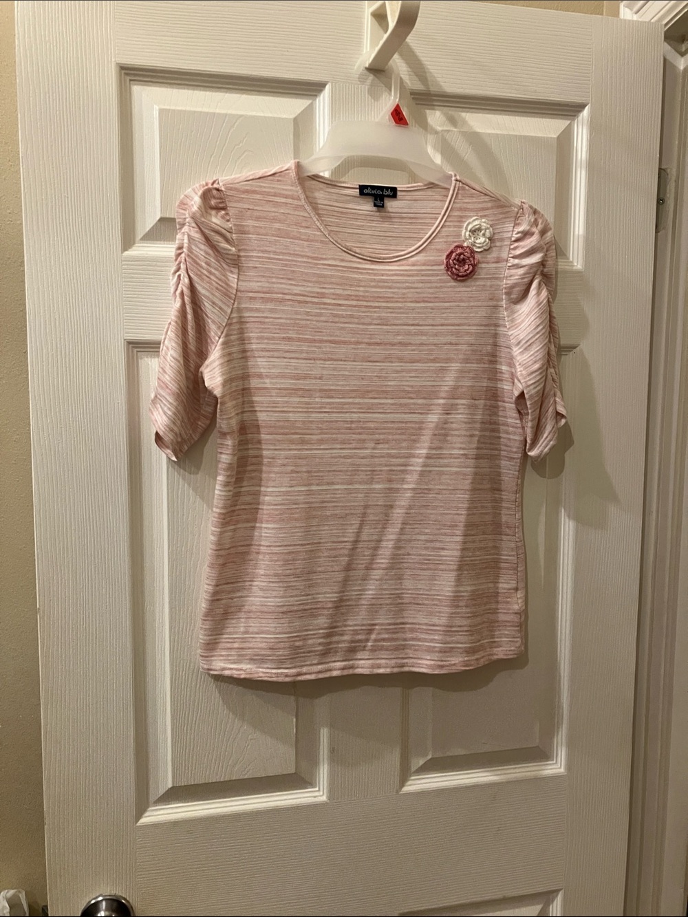 Olivia Blu Pink Striped Short-Sleeve Knit Top with Floral Accents